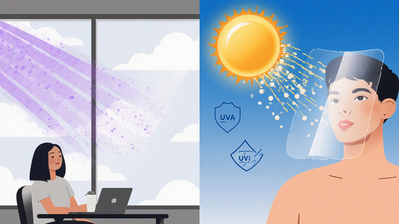 A person at a desk near a window, with invisible UVA rays damaging skin on one side and sunscreen blocking them on the other.