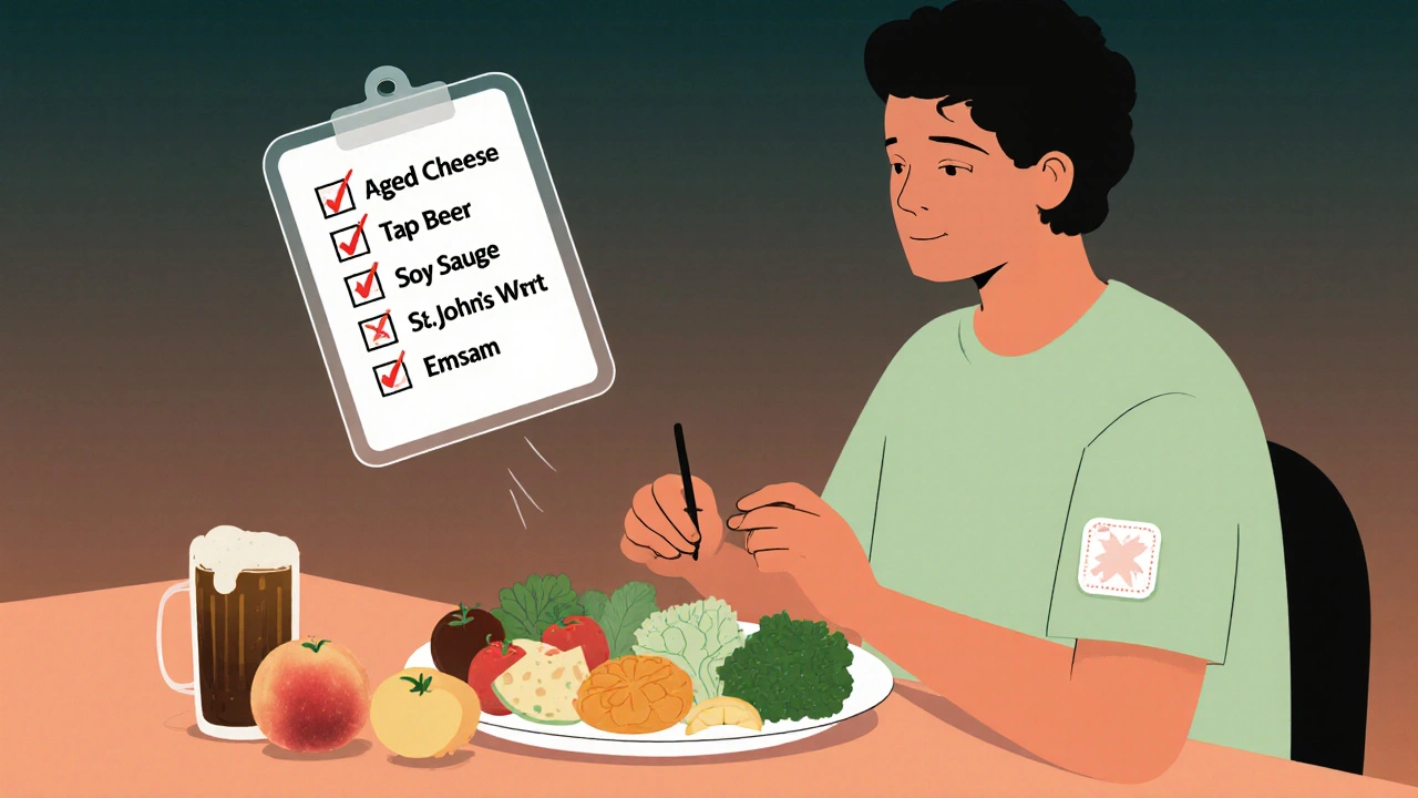A person eating healthy food with floating warning icons for tyramine-rich foods, wearing an MAOI patch, in soft gradient illustration.
