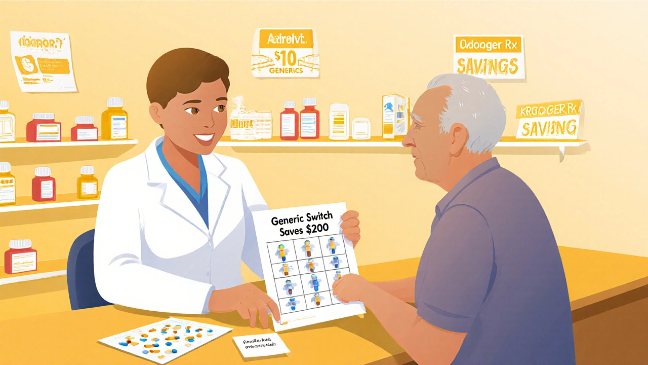 A pharmacist conducting a free medication review with a patient, showing cost-saving generic options, in gradient cartoon style.