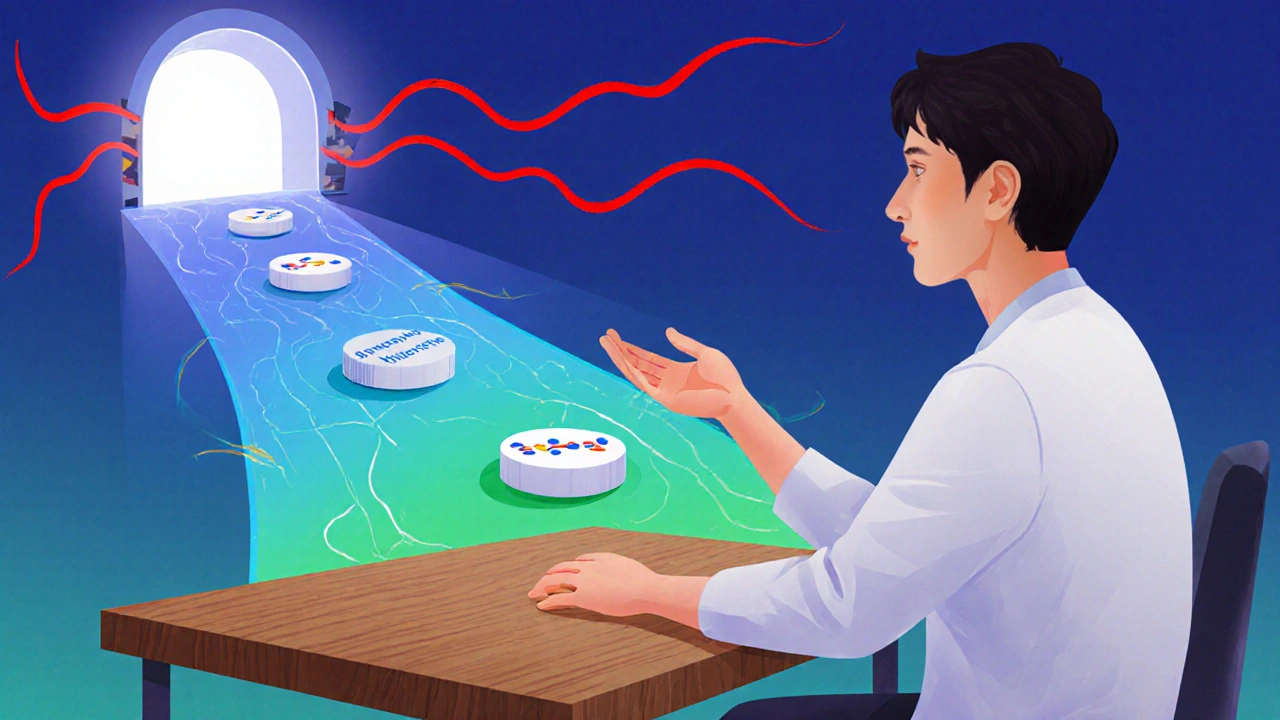 A psychiatrist and patient facing a path of safe antidepressants glowing toward light, while dangerous drugs fade into shadows.