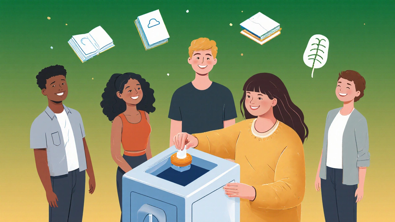 A student disposing of pills in a campus kiosk while peers offer quiet support.