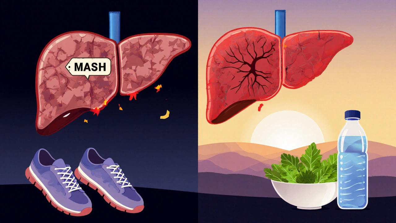 A transformed liver shifting from damaged to healthy, surrounded by symbols of diet and exercise leading to recovery.