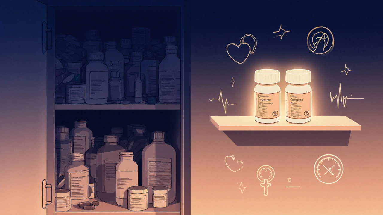 Cluttered medicine cabinet vs. minimalist shelf with two combo pills and health icons.