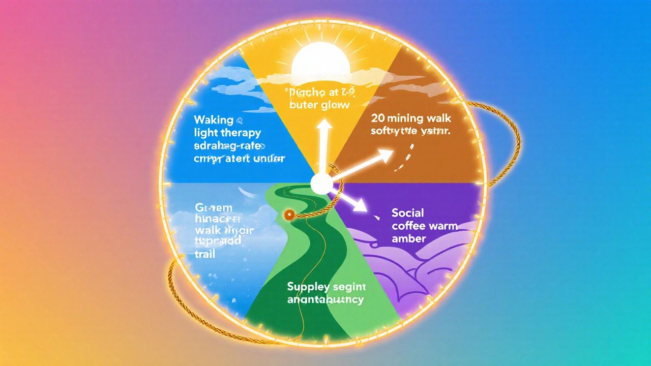 Colorful weekly routine clock with light therapy, walk, hydration, and social activities linked by a golden thread.