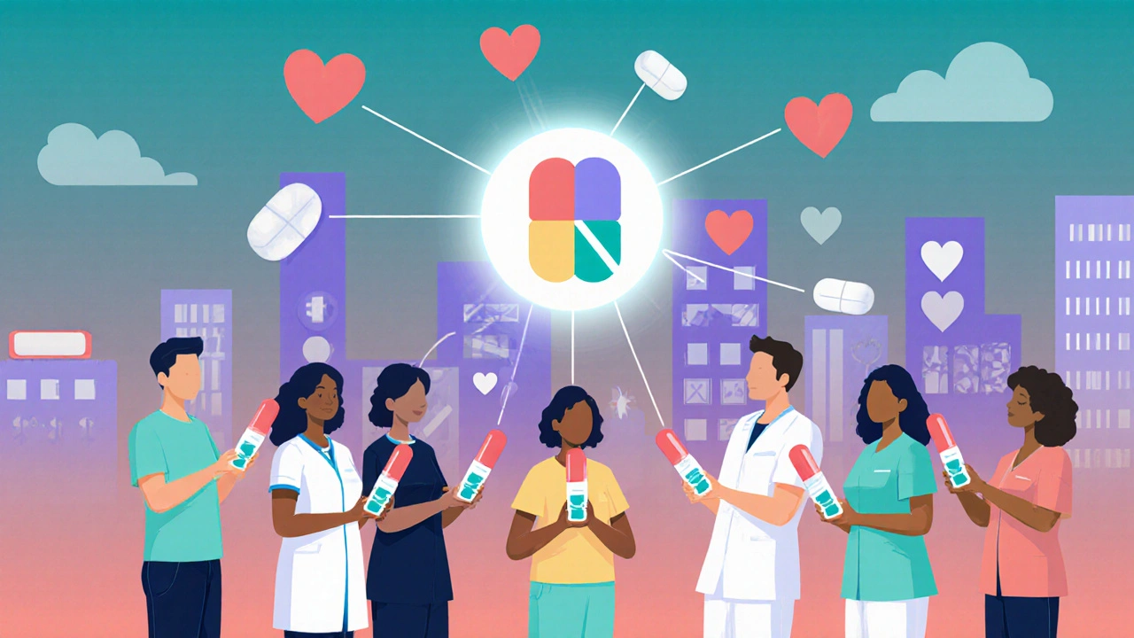 Diverse group of people connected by beams of light to a glowing polypill in the sky.