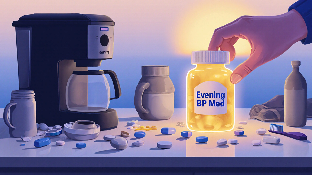 Morning kitchen scene with a glowing blood pressure pill among daily chaos.