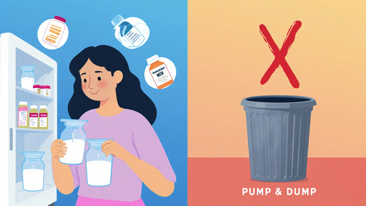 Mother storing breast milk in labeled containers while safe medications float above and &#039;pump and dump&#039; is crossed out.