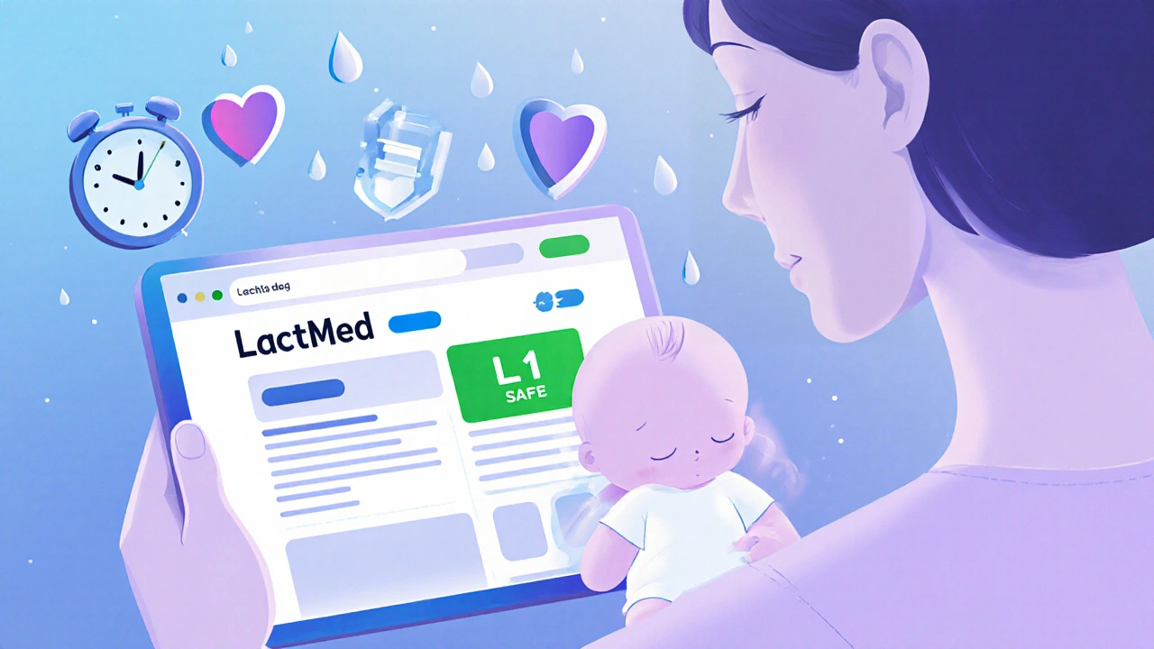 Mother viewing LactMed safety info on a tablet while baby nurses, with symbols of timing and protection around milk.