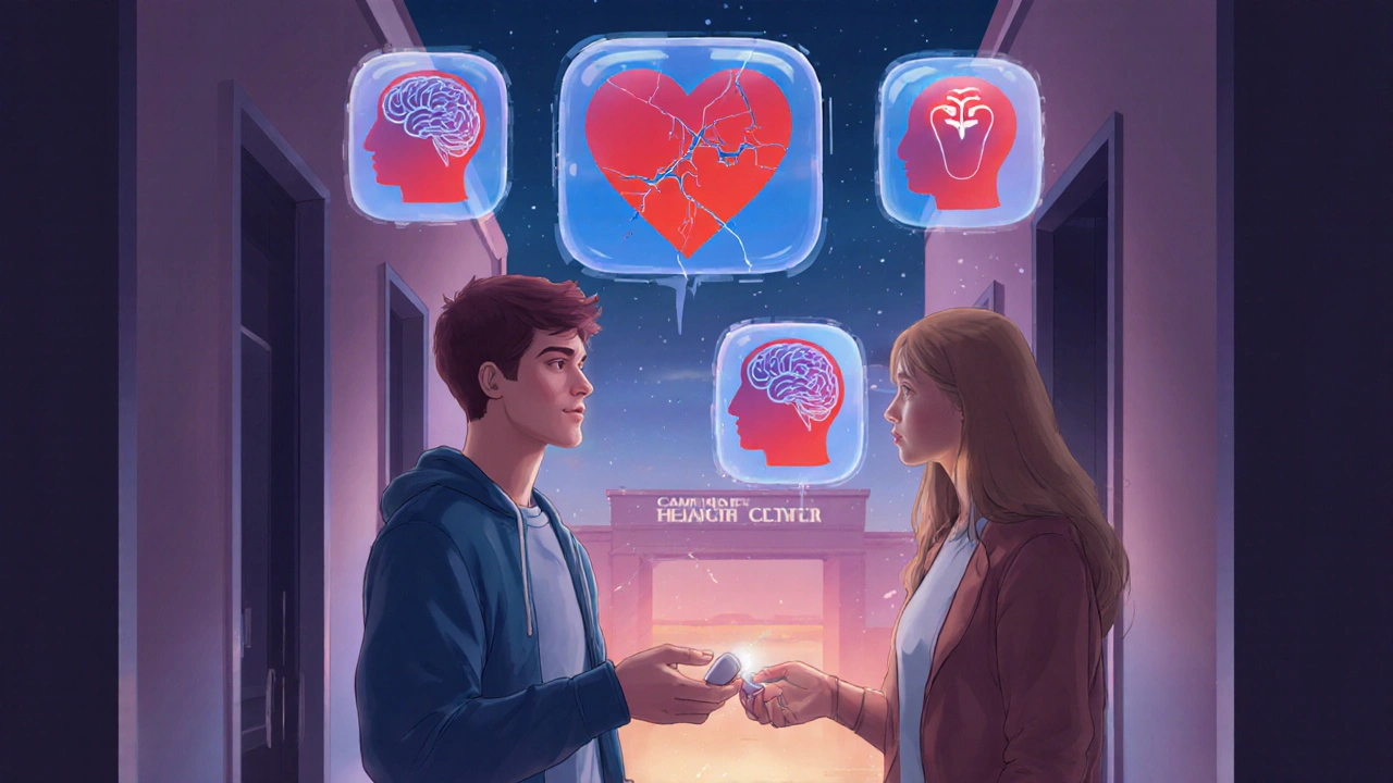 One student handing a pill to another, with symbolic icons of bodily harm floating nearby.