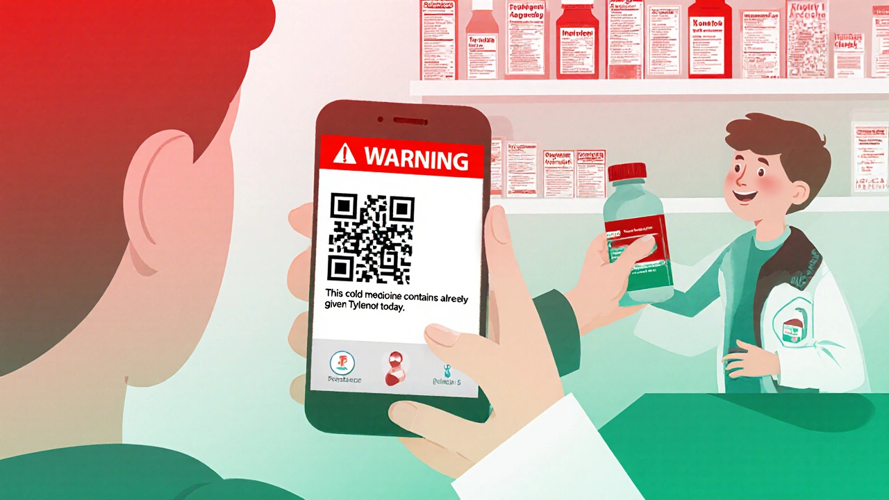 Parent scanning a medicine QR code on phone, pharmacist stopping child from reaching for bottle.
