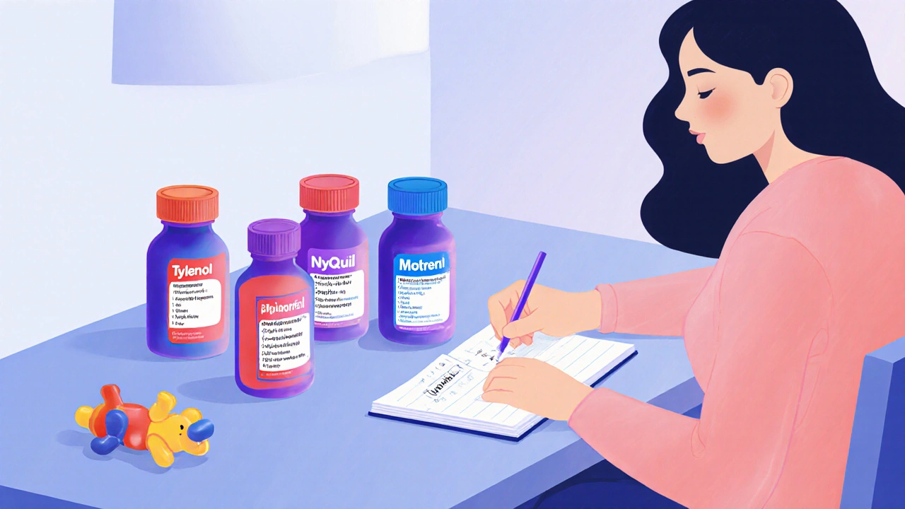 Parent writing active ingredients from medicine bottles on a notebook at the kitchen table.