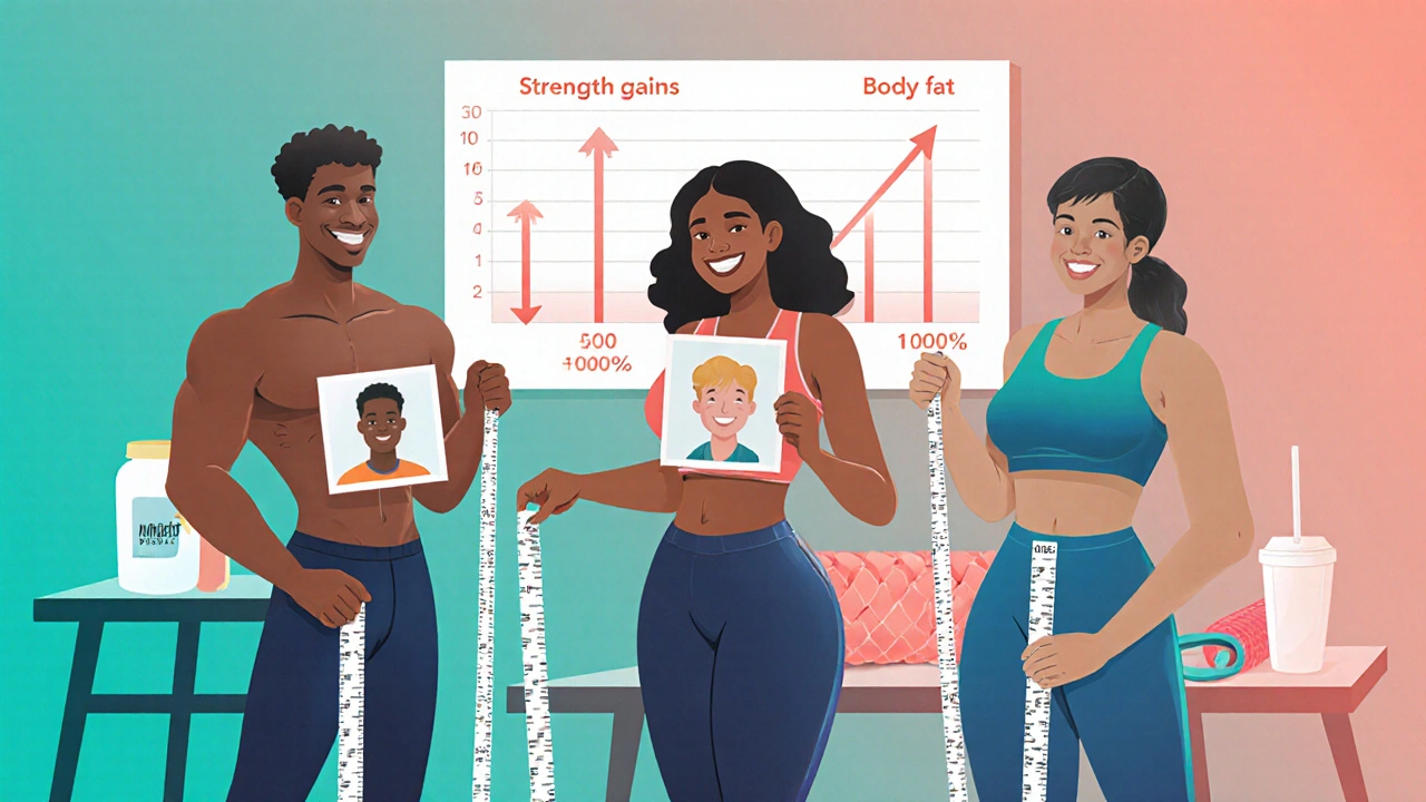 People smiling with measuring tapes and progress photos, clothes fitting loosely