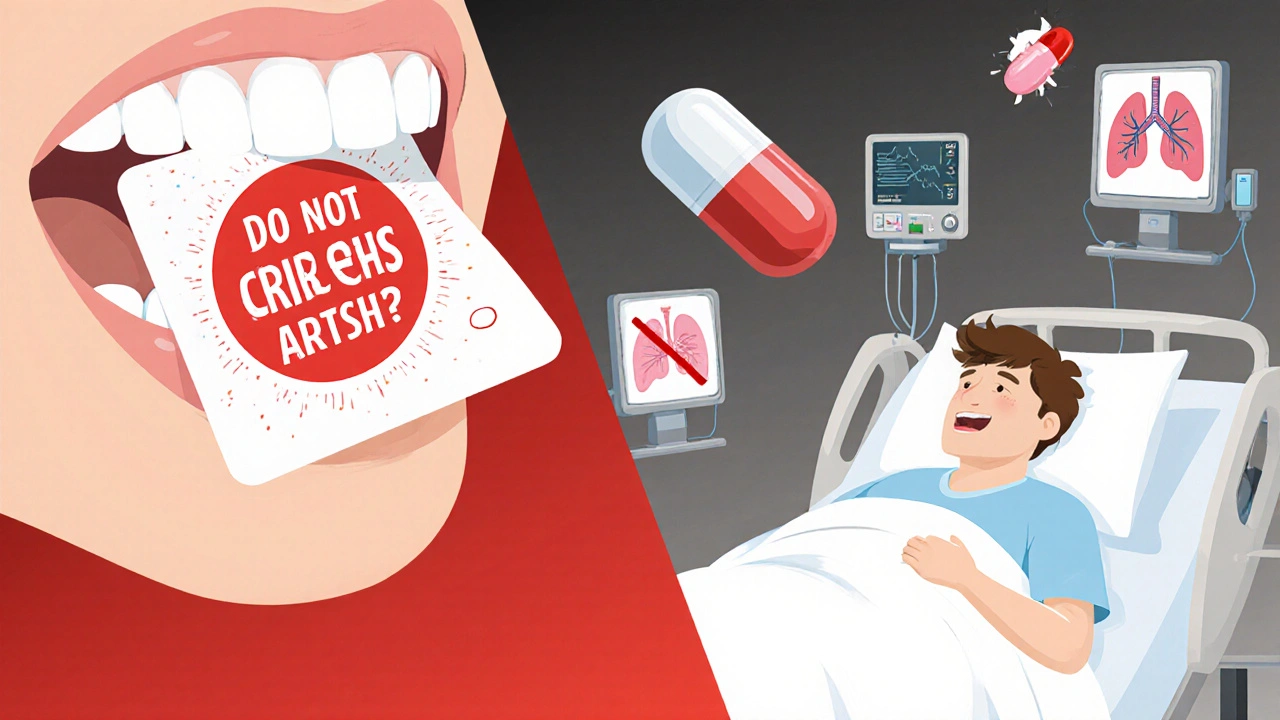 Person crushing pill vs. same person in hospital bed with medical icons showing consequences.