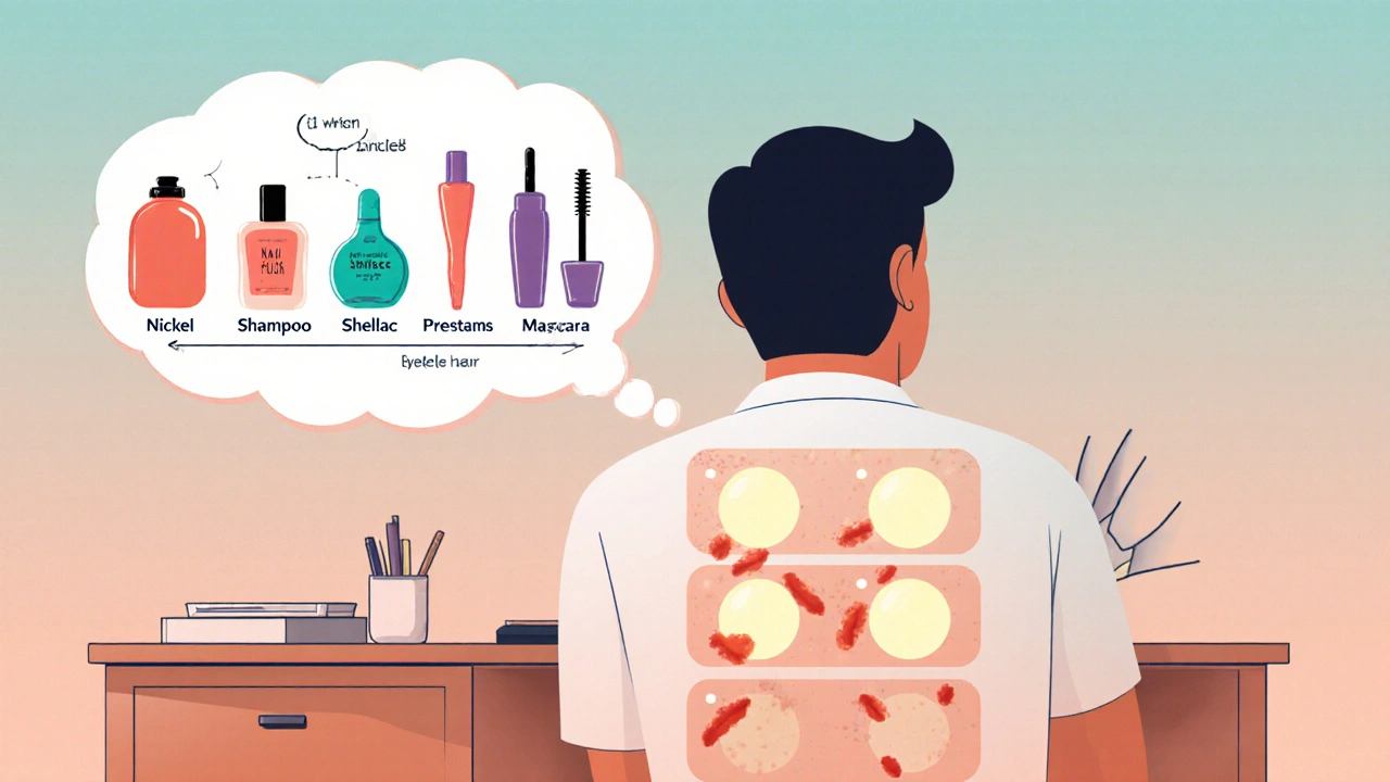 Person undergoing patch test with glowing allergen spots and daily exposure timeline above.