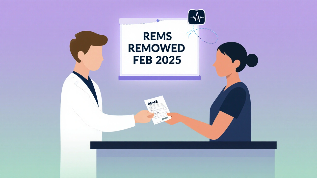 Pharmacist giving clozapine prescription with &#039;REMS Removed 2025&#039; on screen, no forms visible.