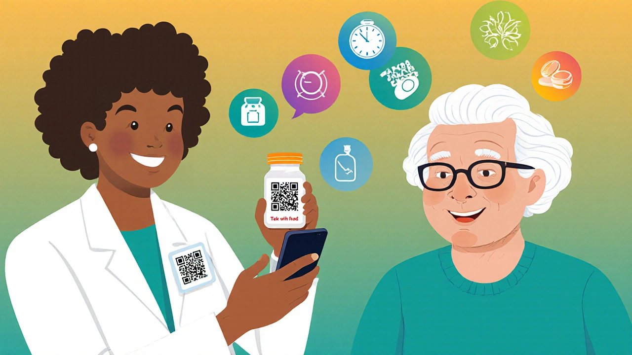 Pharmacist helping patient scan QR code on pill bottle, animated video explaining medication instructions.