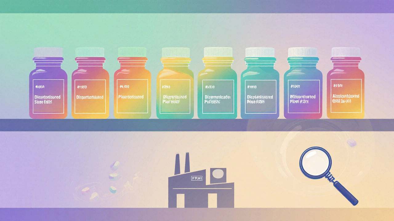 Pharmacy shelf with many generic versions of one drug, three empty slots, and an FDA magnifying glass.