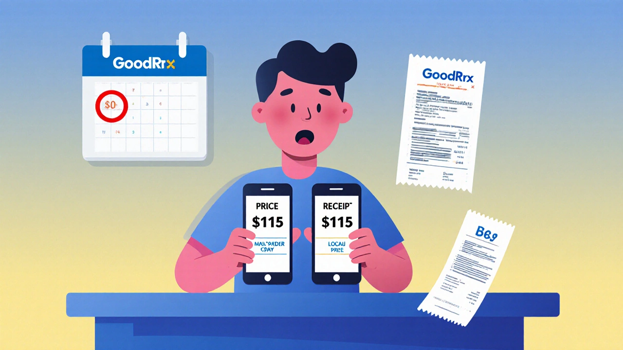 Someone comparing mail-order and local pharmacy prices on a phone, with discount coupons nearby, in gradient cartoon style.