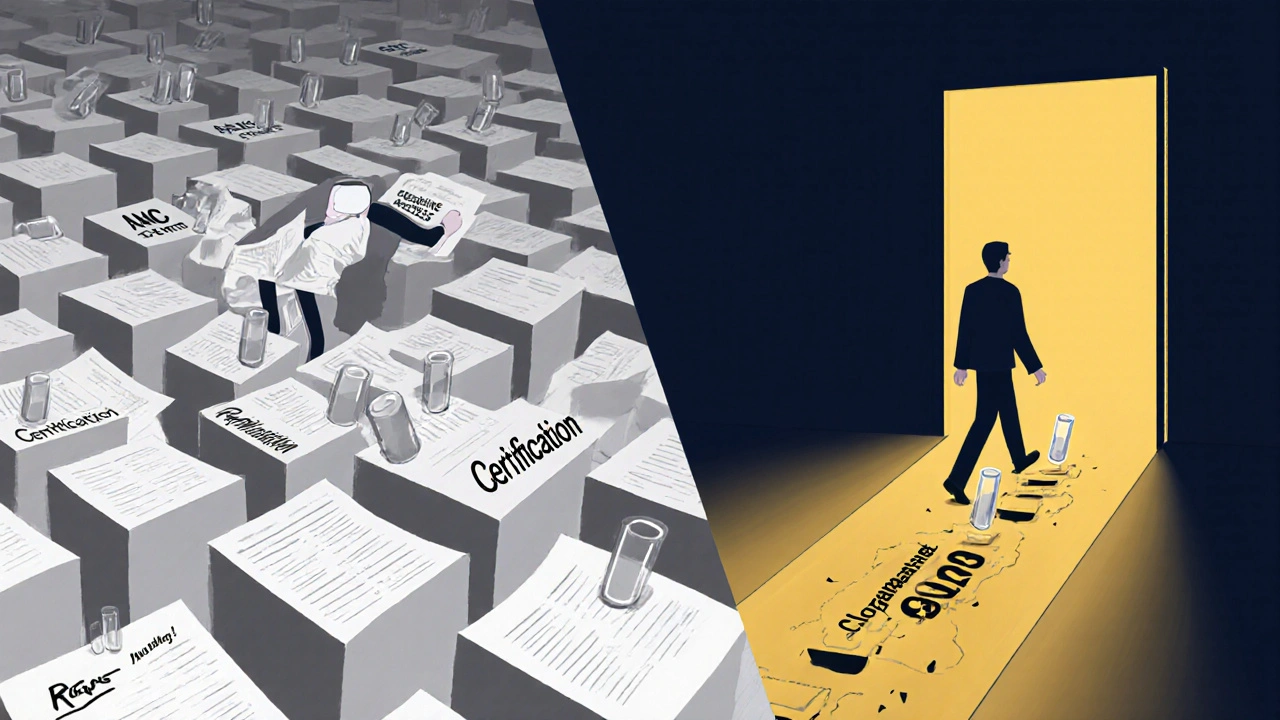 Split illustration: patient escaping paperwork maze vs. walking freely toward clozapine access.
