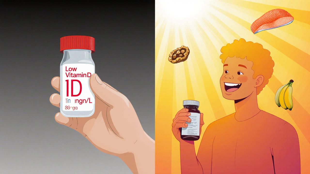 Split illustration showing low vitamin D on one side and healthy sunlight and foods on the other.