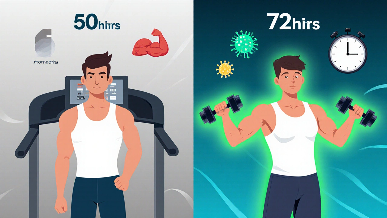 Split-screen: treadmill vs strength training with EPOC aura showing lasting calorie burn