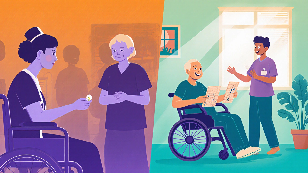 Two sides of dementia care: one with a pill and stressed nurse, the other with music and gentle care, shown in gradient colors.