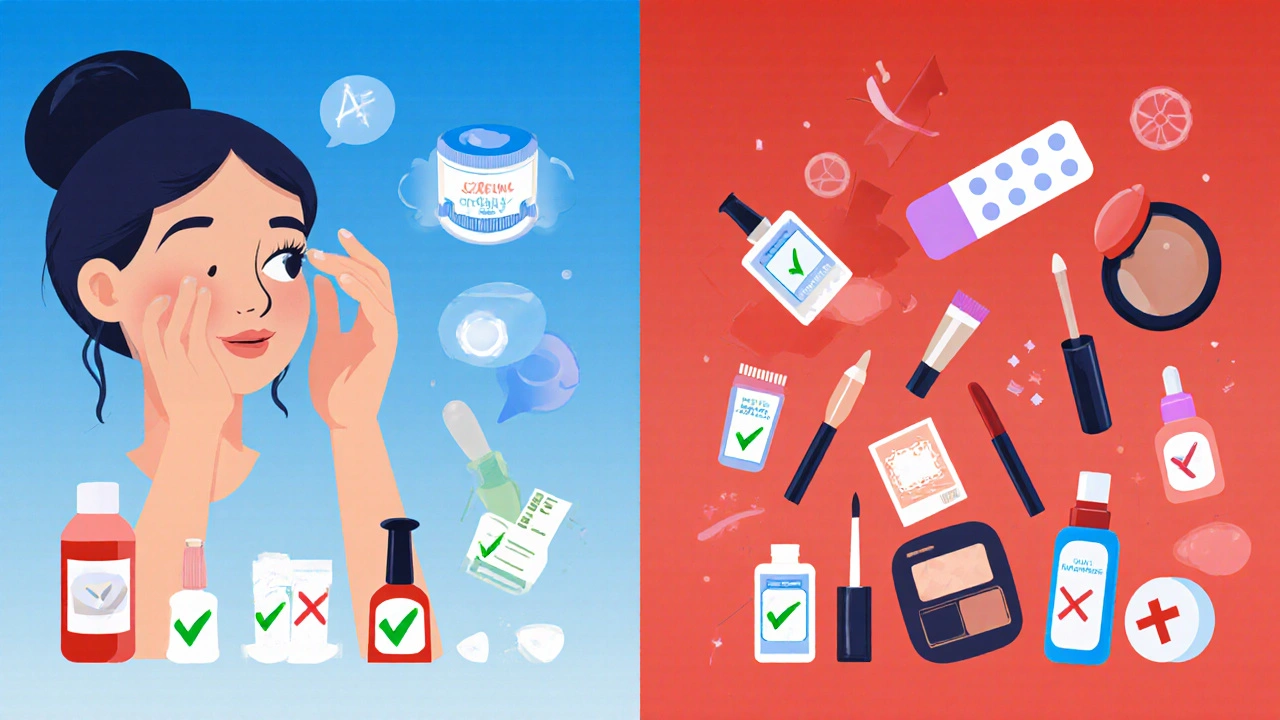 Woman gently applying petroleum jelly to her eyelid while unsafe products are marked with Xs.