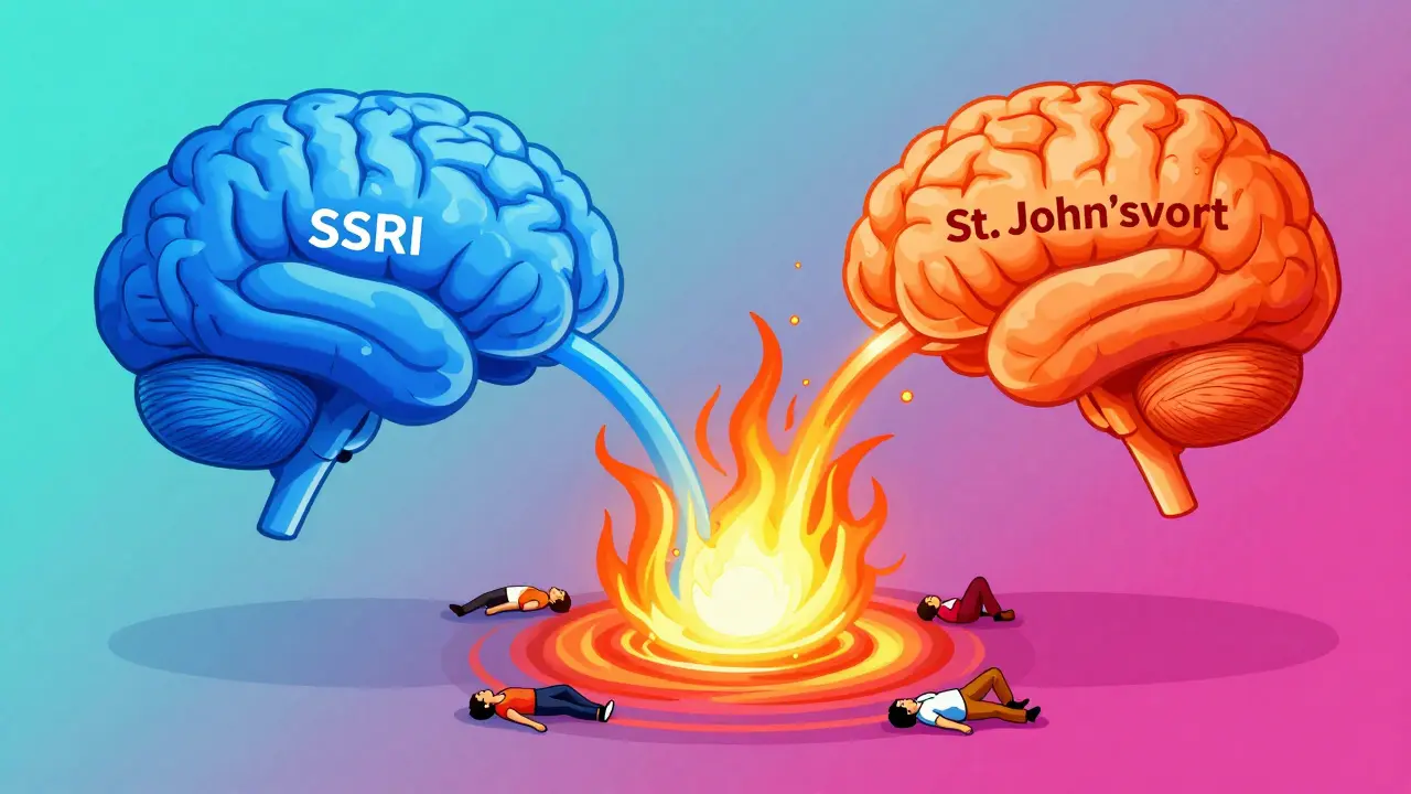 A brain with two overlapping serotonin pathways glowing in conflicting colors, feeding into a dangerous vortex.
