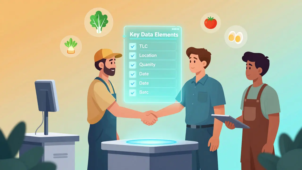 A holographic display of seven key data elements shared between food supply chain partners in gradient colors.