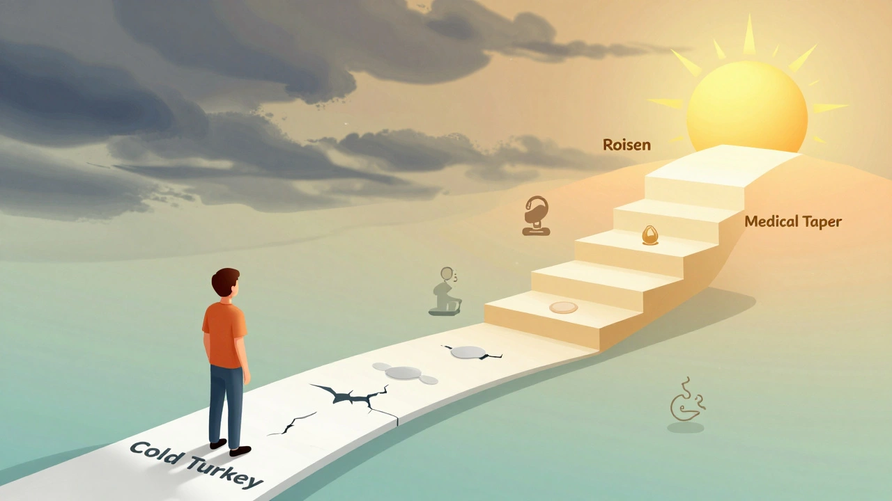 A person at a crossroads choosing between dangerous withdrawal and safe medical tapering.