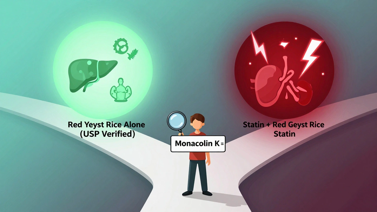 A person choosing between safe red yeast rice use or dangerous combination with statins, shown as two contrasting paths.