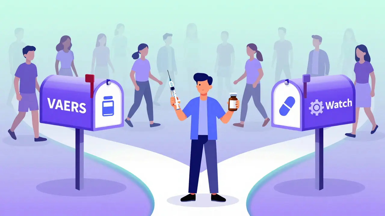 A person choosing between two glowing paths leading to separate reporting mailboxes for vaccines and drugs, with diverse people walking the right way.