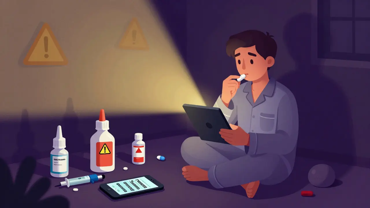 A person examines a single pill under flashlight light during a blackout, surrounded by dangerous expired meds.