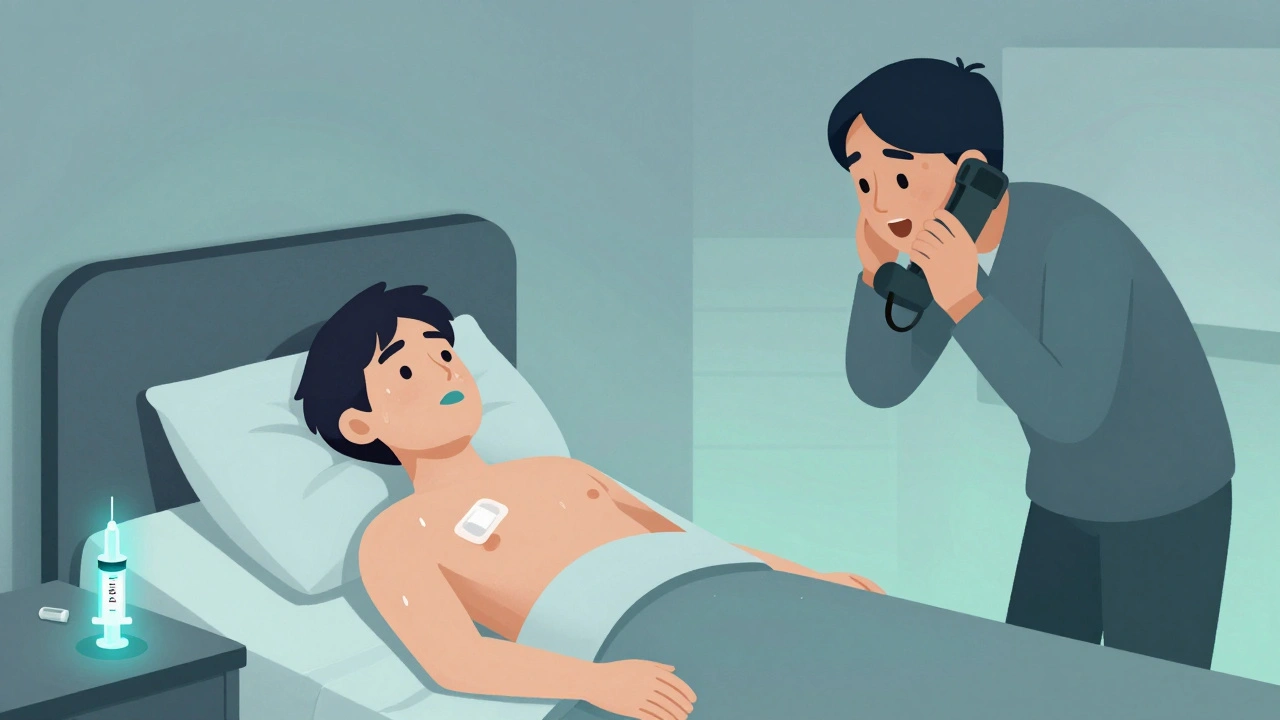 A person unresponsive in bed with blue lips, a fentanyl patch still on chest, naloxone syringe nearby.