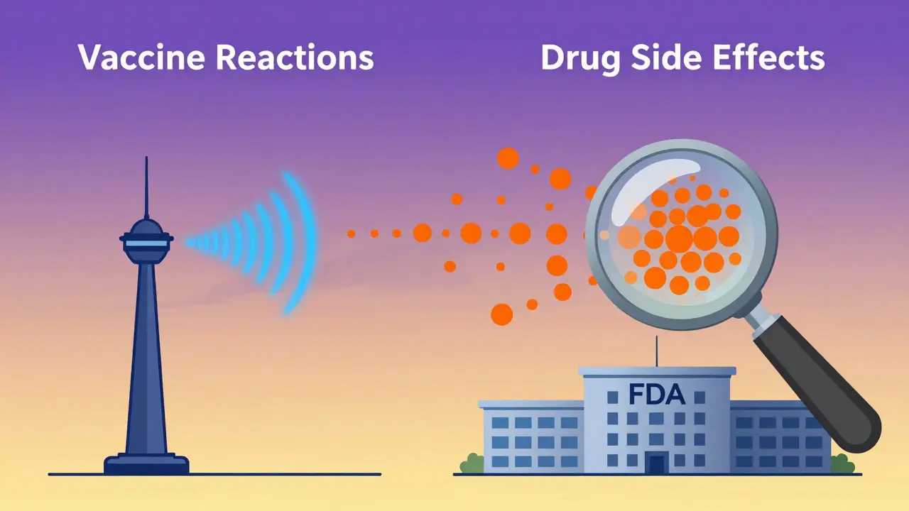 A radar screen displaying two distinct signal patterns for vaccine and drug reactions, with magnifying glass highlighting a cluster of events.