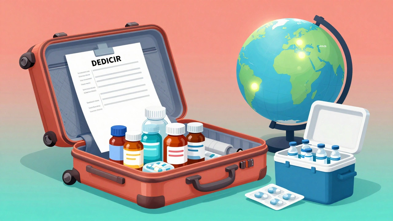 A traveler packing medications in original bottles with a doctor’s letter and insulin cooler beside an open suitcase.