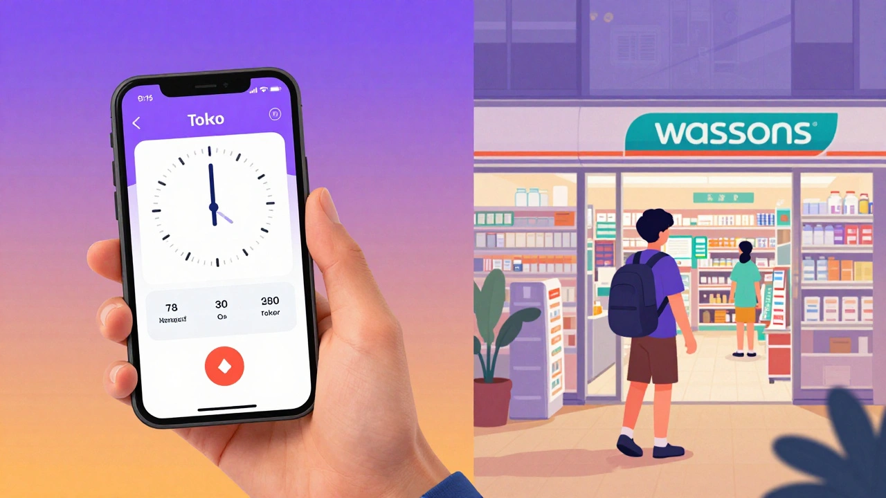 A traveler using a phone app for medication reminders while jet-lagged in a foreign city, with a pharmacy in the background.