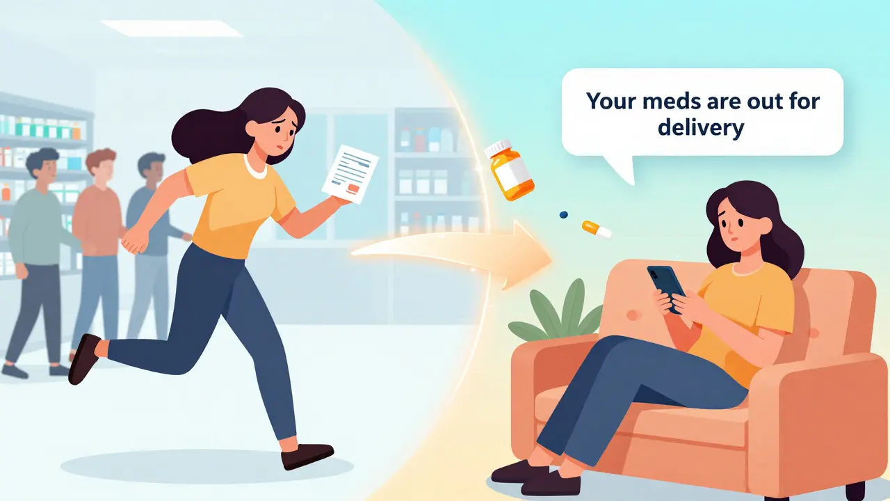 A woman contrasts a busy pharmacy visit with a calm home delivery experience.