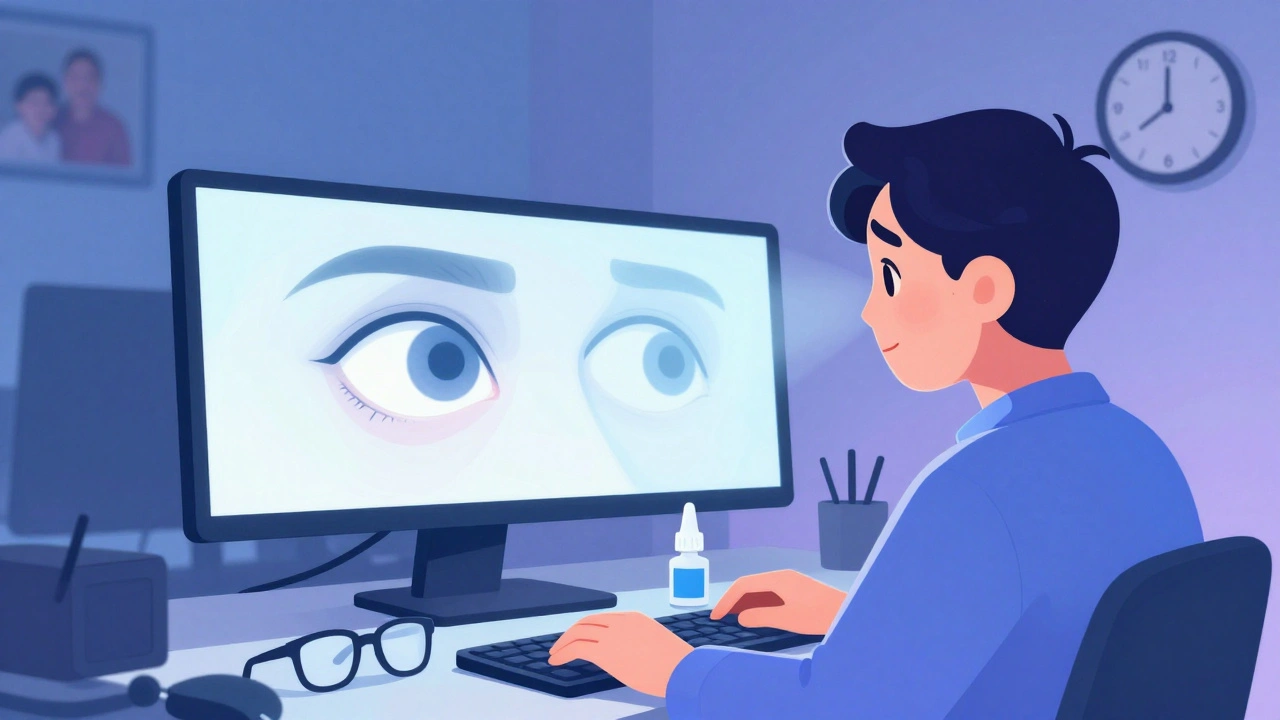 An adult experiencing double vision at a computer, with eye drops and glasses nearby.