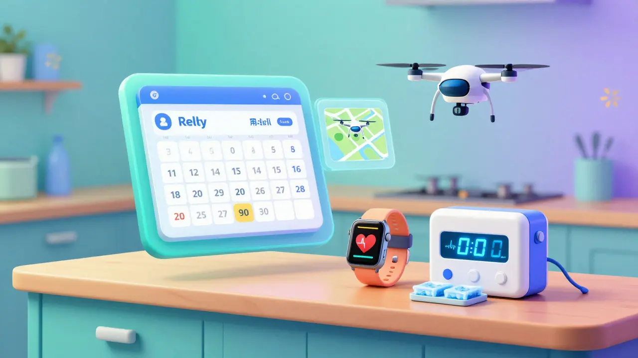 An AI-powered health interface tracks medication delivery and vital signs on a kitchen counter.