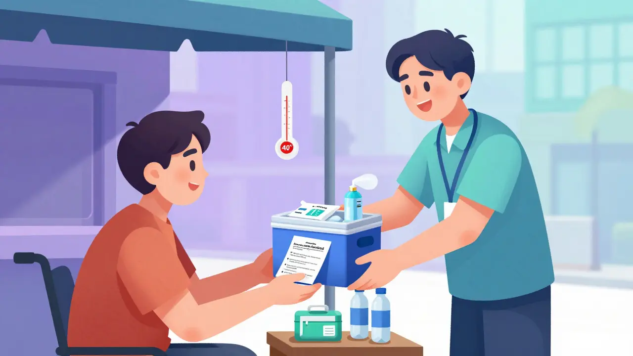 An outreach worker handing a cooling kit to someone experiencing homelessness under a shaded awning.