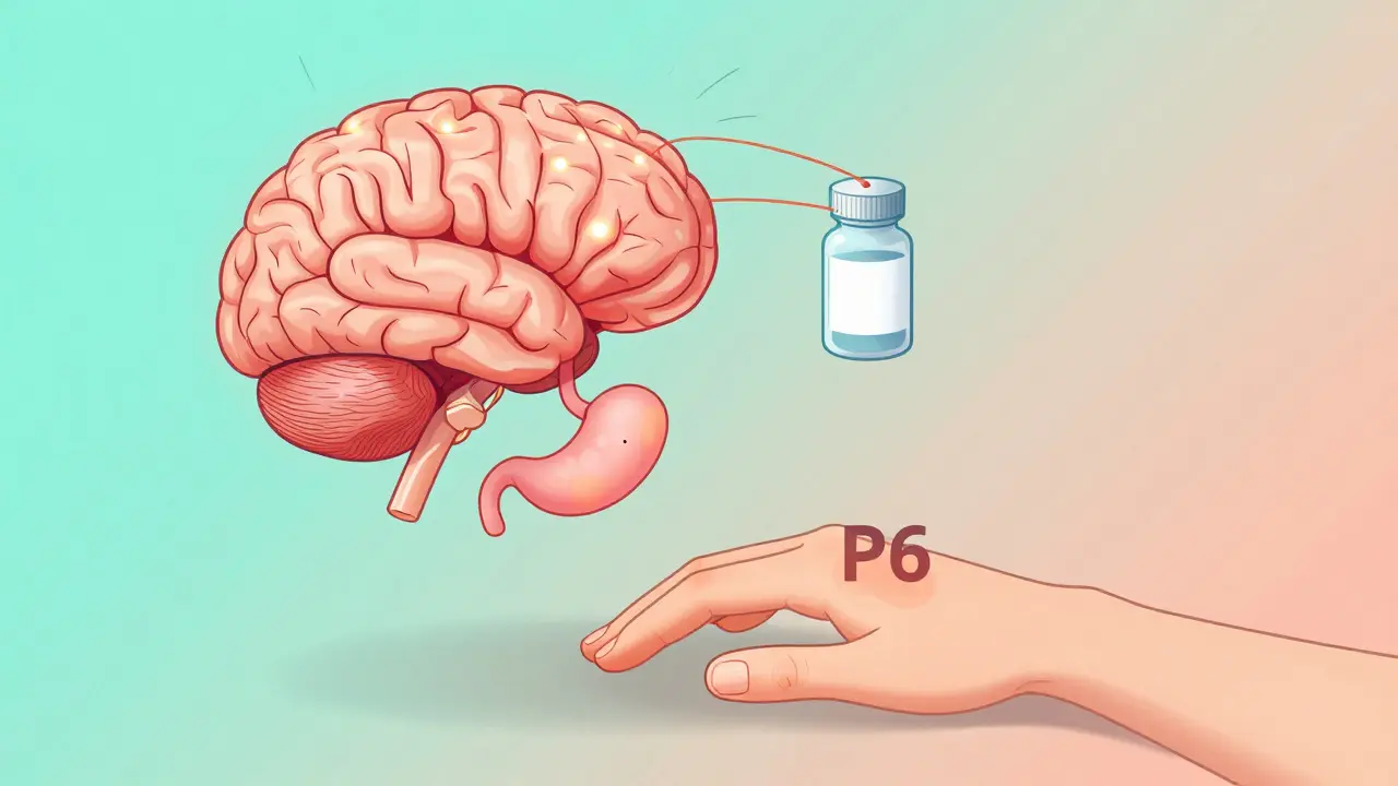 Brain and stomach connected to medicine bottle, with acupressure hand and calming gradient colors.