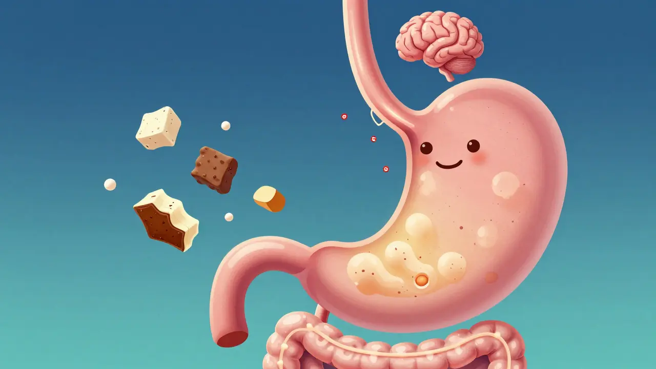 Cartoon stomach with a glowing vagus nerve being damaged by sugar molecules, while smooth foods flow through it successfully.