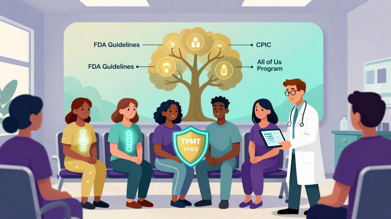 Diverse patients in clinic with glowing gene patterns, doctor using tablet to show personalized dosing