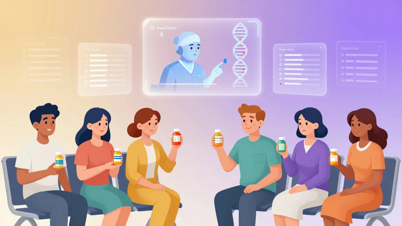 Diverse patients in pharmacy with AI system analyzing medication histories and projecting real-time substitution risks.