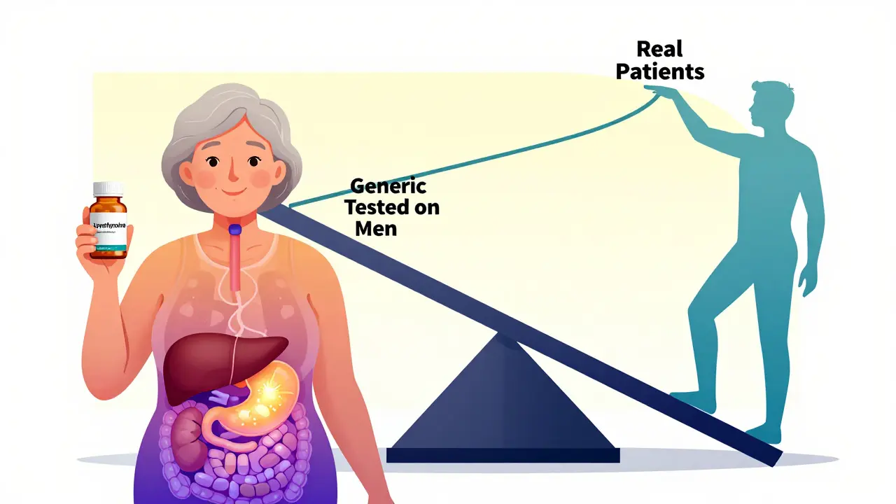 Elderly woman with internal drug metabolism visualization, compared to male silhouette, on a tilting scale.