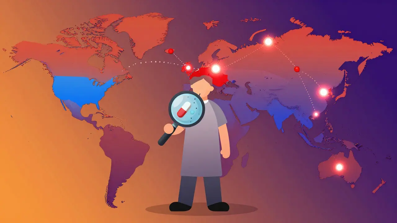 Global map showing drug manufacturing hotspots with a patient holding a pill under a magnifying glass.