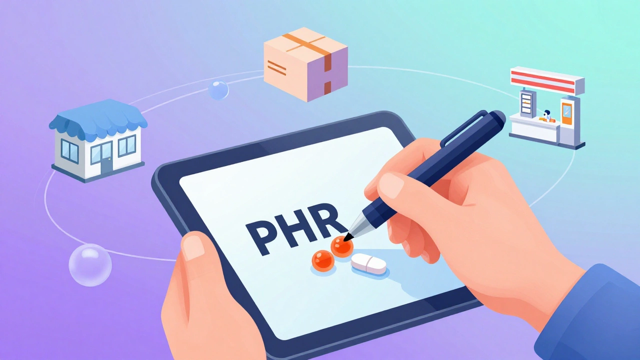 Hand adding supplements to digital health record while disconnected pharmacies float around.
