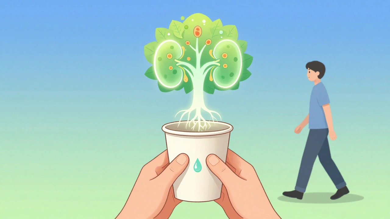 Hands holding a urine cup with a droplet turning into a kidney-shaped tree, symbolizing early detection and health.