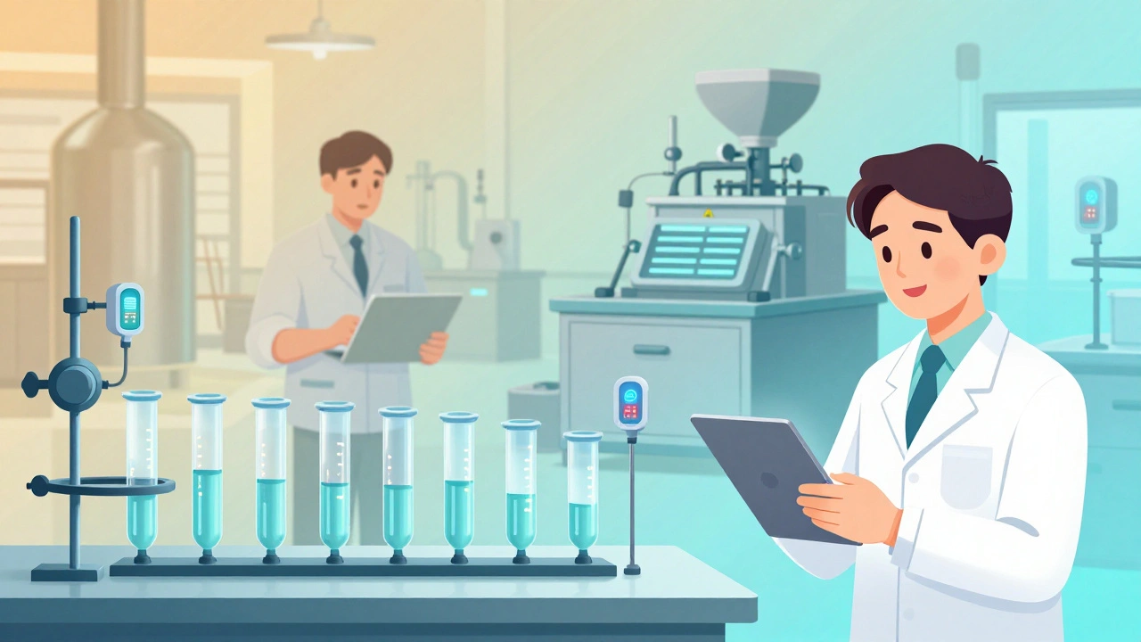 Modern continuous manufacturing lab contrasted with outdated equipment, illustrated in gradient cartoon style.